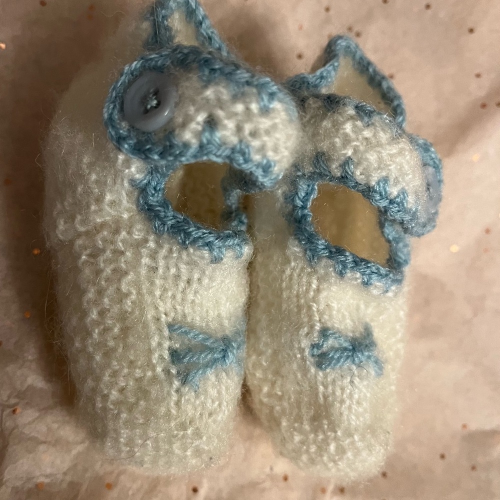 Vintage Booties White and Blue Baby Girl Mary Jane Bows